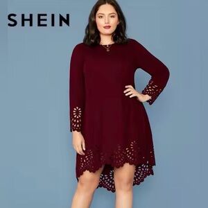 SHEIN Wine High Low Dress with Lace Detail